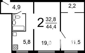 2-к квартира, на длительный срок, 44м2, 2/5 этаж