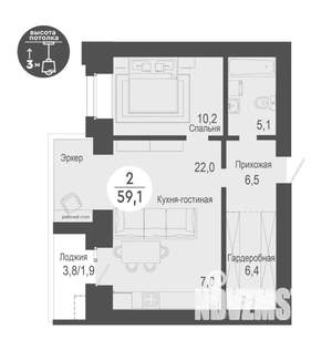 2-к квартира, на длительный срок, 59м2, 17/17 этаж