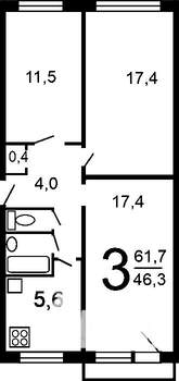 3-к квартира, на длительный срок, 59м2, 4/5 этаж