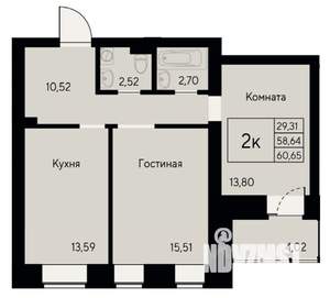 2-к квартира, строящийся дом, 61м2, 3/8 этаж