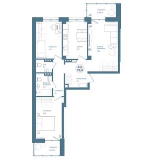 3-к квартира, строящийся дом, 80м2, 8/19 этаж