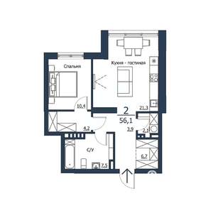 2-к квартира, строящийся дом, 56м2, 9/23 этаж