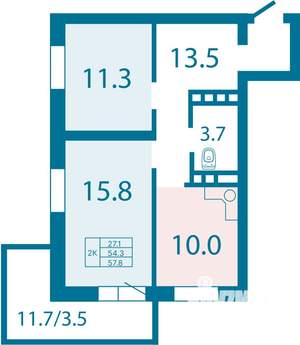 2-к квартира, строящийся дом, 55м2, 24/25 этаж