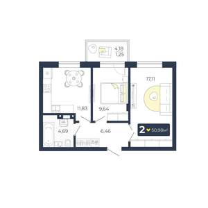 2-к квартира, строящийся дом, 51м2, 1/5 этаж