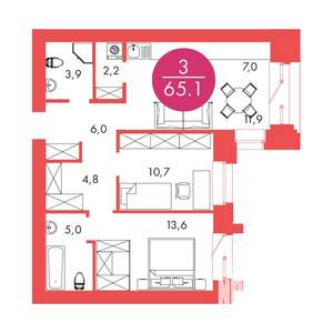 3-к квартира, строящийся дом, 65м2, 16/17 этаж