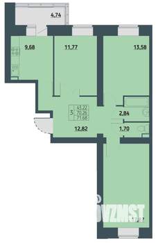 3-к квартира, строящийся дом, 72м2, 4/9 этаж