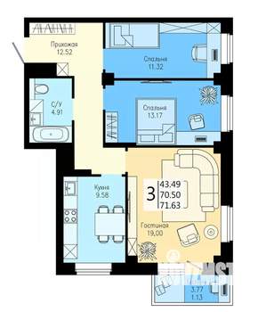 3-к квартира, вторичка, 72м2, 19/25 этаж