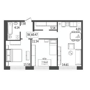 3-к квартира, строящийся дом, 60м2, 13/17 этаж