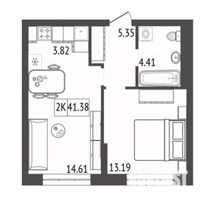 2-к квартира, строящийся дом, 41м2, 13/17 этаж