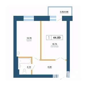 1-к квартира, вторичка, 45м2, 3/7 этаж