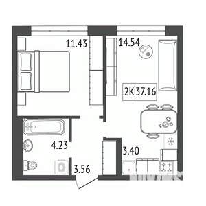 2-к квартира, строящийся дом, 37м2, 8/17 этаж