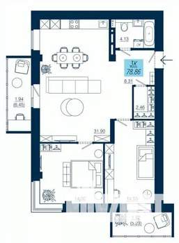 3-к квартира, строящийся дом, 79м2, 16/19 этаж