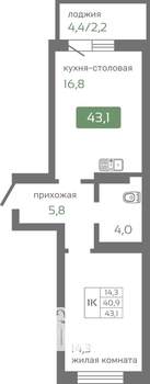 1-к квартира, вторичка, 43м2, 7/19 этаж