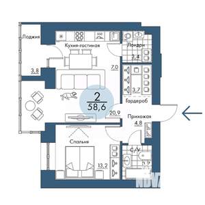 2-к квартира, строящийся дом, 59м2, 6/17 этаж