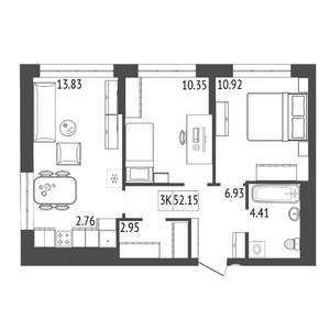 3-к квартира, строящийся дом, 52м2, 12/17 этаж