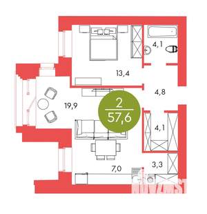 2-к квартира, строящийся дом, 58м2, 2/17 этаж