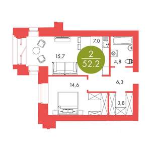 2-к квартира, вторичка, 52м2, 17/17 этаж