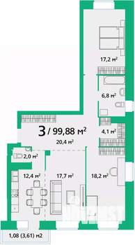 3-к квартира, строящийся дом, 100м2, 6/9 этаж