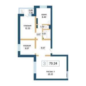 3-к квартира, строящийся дом, 70м2, 15/17 этаж
