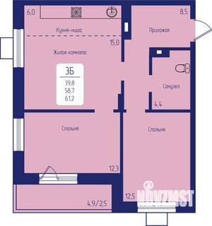 3-к квартира, строящийся дом, 61м2, 12/12 этаж