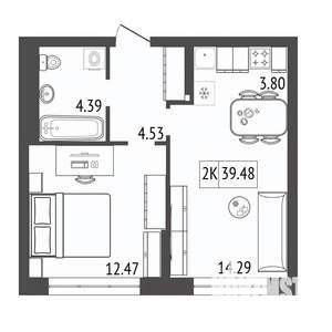 2-к квартира, строящийся дом, 39м2, 4/17 этаж