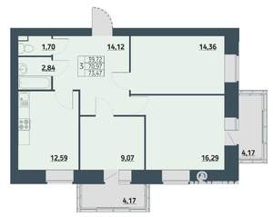 3-к квартира, строящийся дом, 73м2, 3/9 этаж