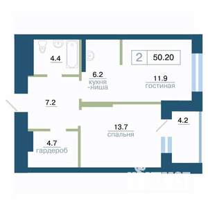 2-к квартира, строящийся дом, 50м2, 19/24 этаж