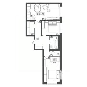 3-к квартира, строящийся дом, 65м2, 9/17 этаж