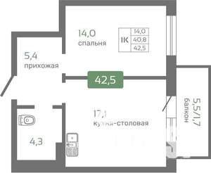 1-к квартира, вторичка, 43м2, 2/16 этаж