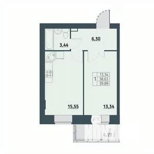 1-к квартира, строящийся дом, 40м2, 2/9 этаж