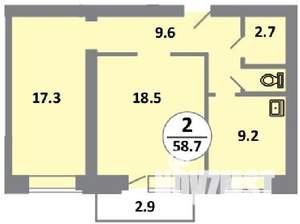 2-к квартира, строящийся дом, 59м2, 6/14 этаж