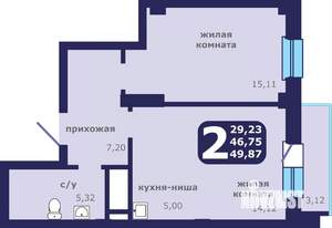 2-к квартира, строящийся дом, 50м2, 12/25 этаж