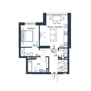 2-к квартира, строящийся дом, 56м2, 8/23 этаж