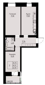 2-к квартира, строящийся дом, 62м2, 2/8 этаж