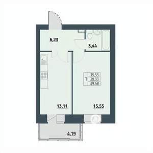 1-к квартира, строящийся дом, 39м2, 5/9 этаж