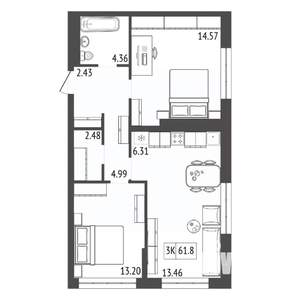 3-к квартира, строящийся дом, 62м2, 7/17 этаж