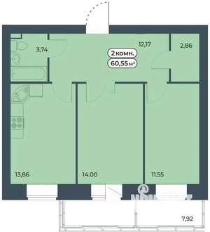 2-к квартира, строящийся дом, 61м2, 2/9 этаж