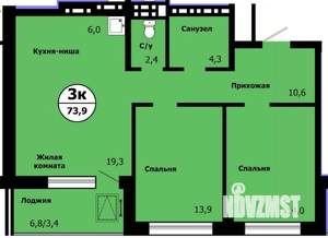 3-к квартира, строящийся дом, 72м2, 19/19 этаж