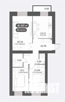 3-к квартира, вторичка, 77м2, 4/15 этаж