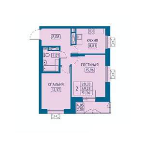 2-к квартира, вторичка, 51м2, 6/20 этаж