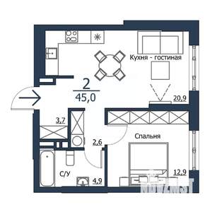 2-к квартира, строящийся дом, 45м2, 22/23 этаж