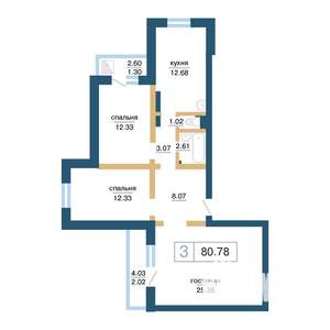 3-к квартира, строящийся дом, 81м2, 8/17 этаж
