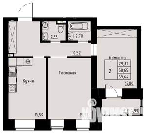 2-к квартира, строящийся дом, 60м2, 2/8 этаж