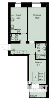 2-к квартира, строящийся дом, 62м2, 4/8 этаж