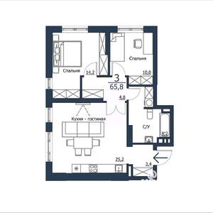 3-к квартира, строящийся дом, 66м2, 4/23 этаж