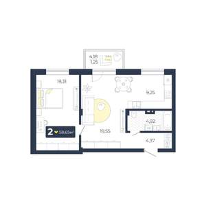 2-к квартира, строящийся дом, 59м2, 2/5 этаж