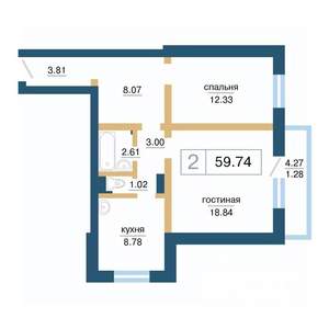 2-к квартира, строящийся дом, 60м2, 7/17 этаж