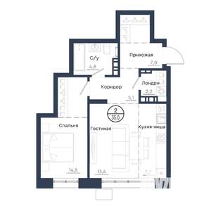 2-к квартира, вторичка, 55м2, 14/23 этаж