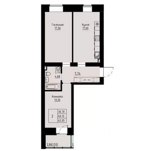 2-к квартира, строящийся дом, 62м2, 2/8 этаж