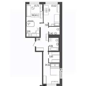 3-к квартира, вторичка, 65м2, 17/17 этаж